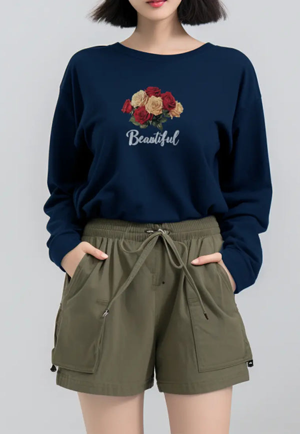LTG43 Kaos gambar bunga tangan panjang wanita LV "beautiful flower" navy