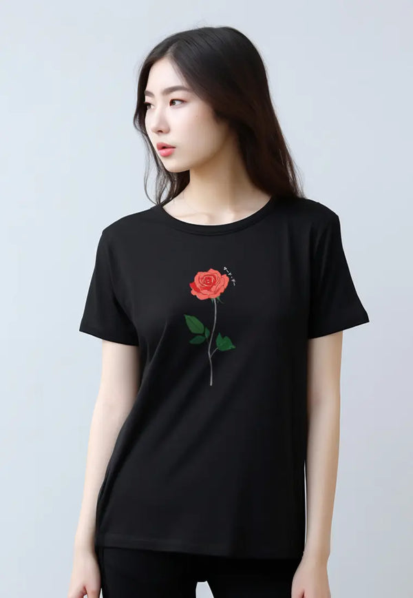 LTG44 Kaos Wanita Gambar Bunga Rose instacool ss hitam