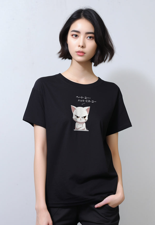 LTG66 Kaos Gambar Kucing Tangan Pendek Wanita Instacool "cat quote" hitam