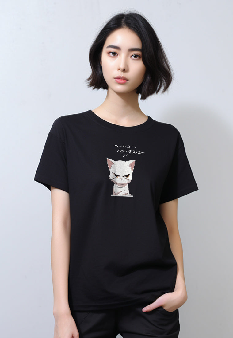 LTG66 Kaos Gambar Kucing Tangan Pendek Wanita Instacool "cat quote" hitam