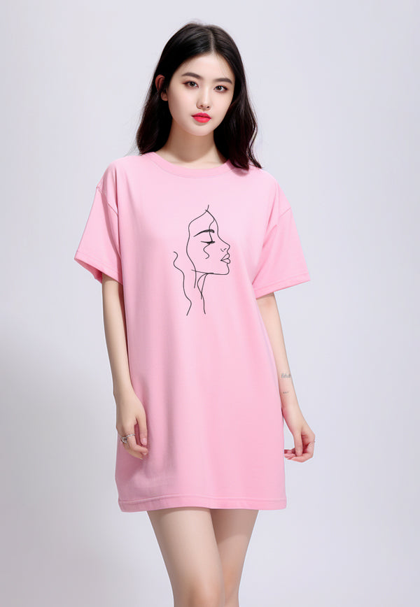LTG78 Dress Bahan Kaos Wanita "half face" pink