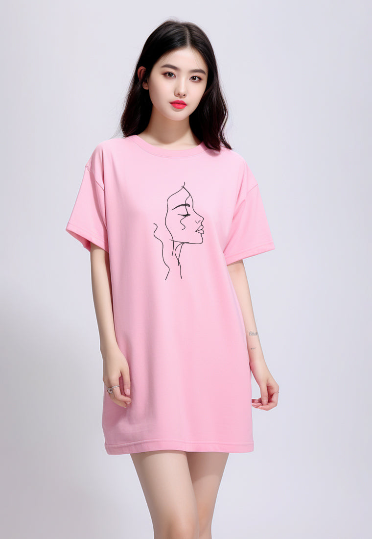 LTG78 Dress Bahan Kaos Wanita "half face" pink