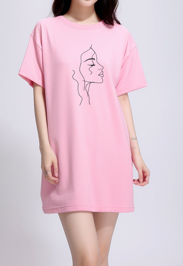 LTG78 Dress Bahan Kaos Wanita "half face" pink