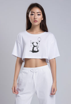 LTG94 Kaos Crop Wanita OLC teddy baloon putih