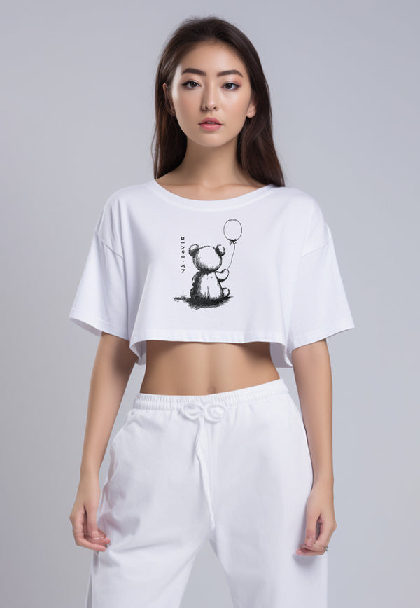 LTG94 Kaos Crop Wanita OLC teddy baloon putih