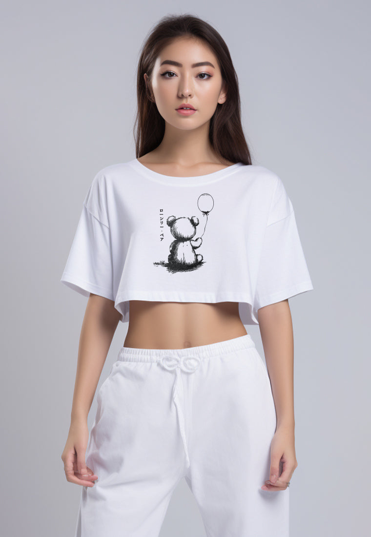 LTG94 Kaos Crop Wanita OLC teddy baloon putih