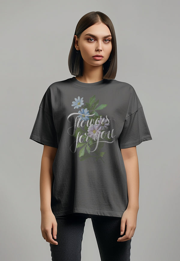 LTG96 Kaos Oversize Wanita Washing Effect "three flowers" abu tua