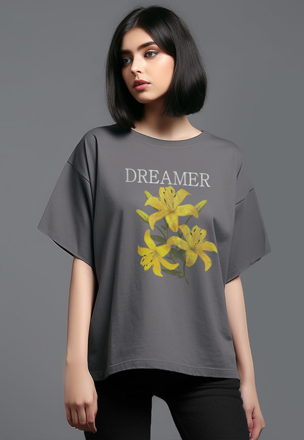 LTG97 Kaos Oversize Efek Washed Acid "dreamer hibiscus" abu tua