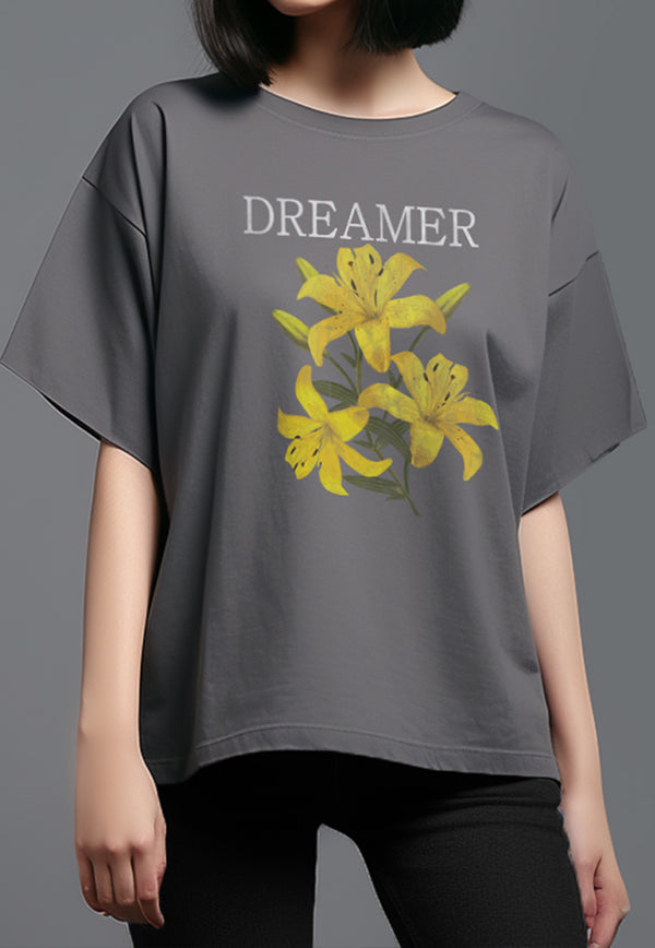LTG97 Kaos Oversize Efek Washed Acid "dreamer hibiscus" abu tua