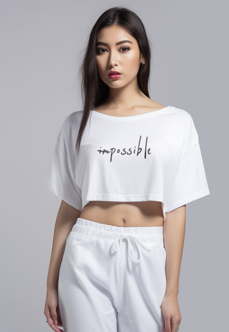 LTH02 Crop Top OLC Wanita "im possible" putih