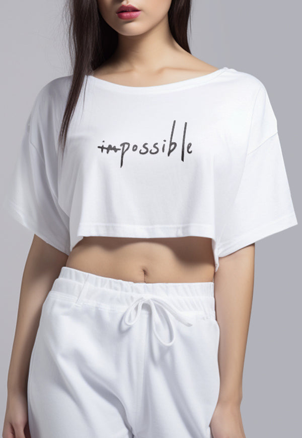 LTH02 Crop Top OLC Wanita "im possible" putih