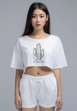 LTH05 Kaos Crop Top Wanita "cactus outline" OLC putih
