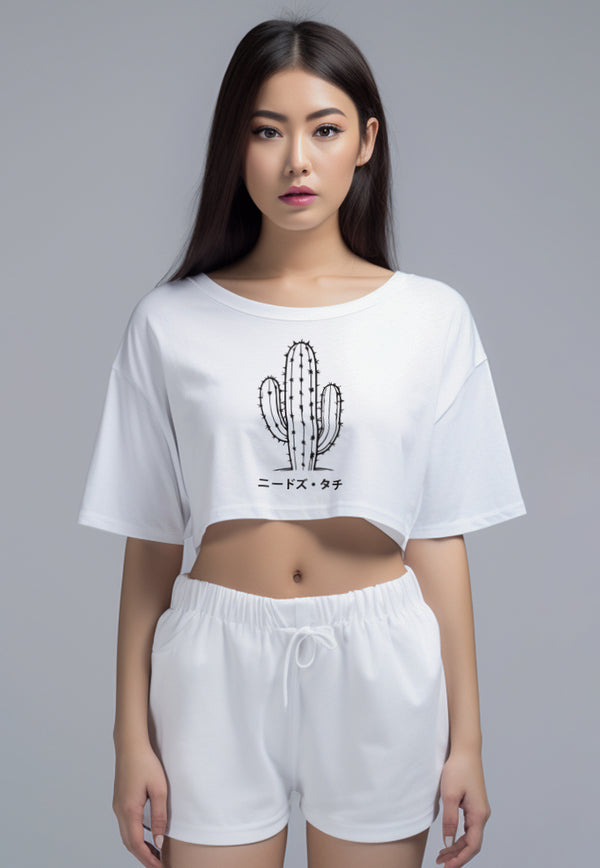 LTH05 Kaos Crop Top Wanita "cactus outline" OLC putih