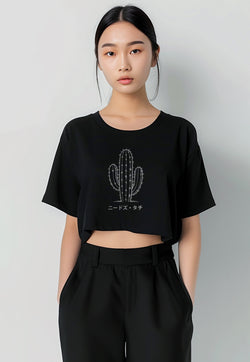 LTH06 Kaos Crop Top Wanita "cactus outline" OLC hitam
