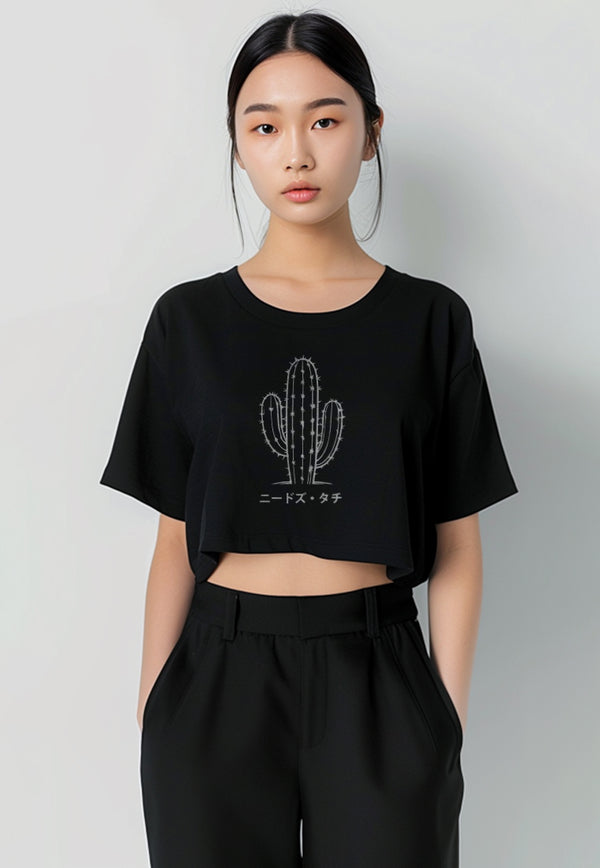 LTH06 Kaos Crop Top Wanita "cactus outline" OLC hitam