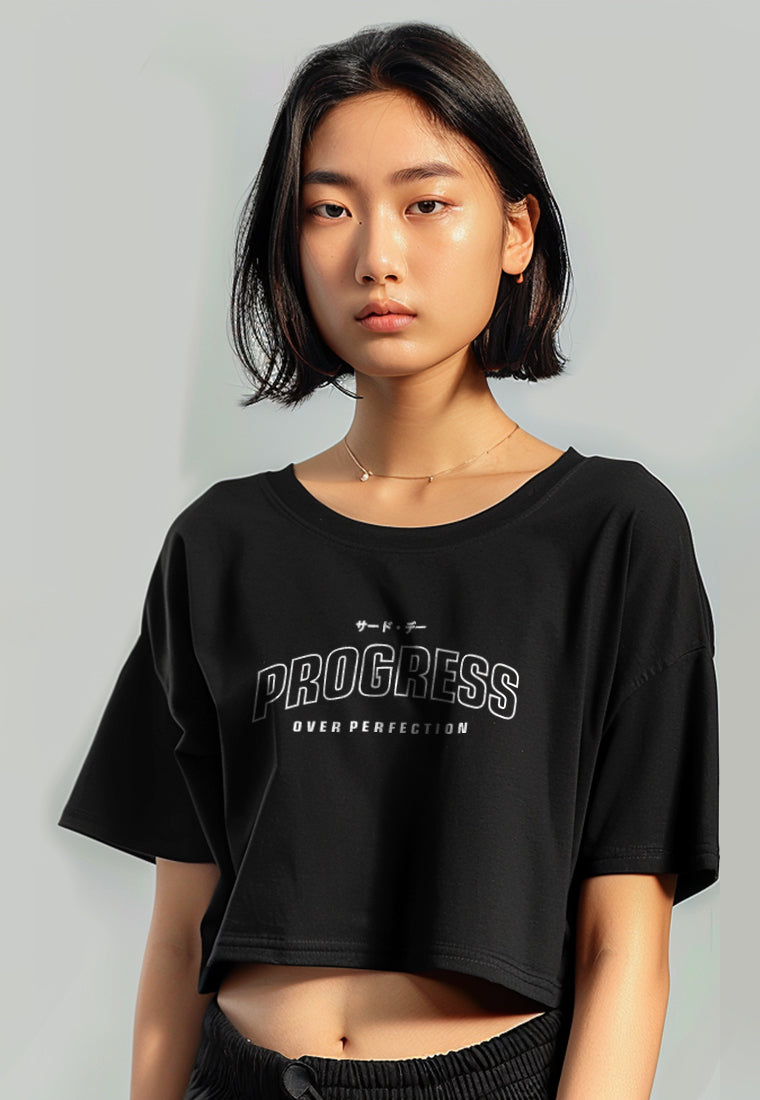 LTH08 Kaos Crop Top Wanita "progress" OLC  hitam