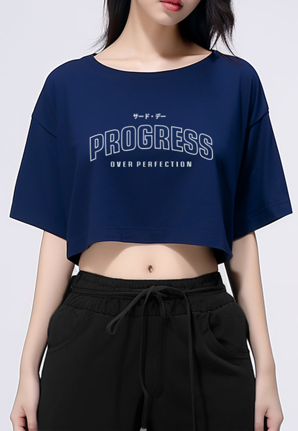 LTH09 Kaos Crop Top Wanita "progress" OLC navy