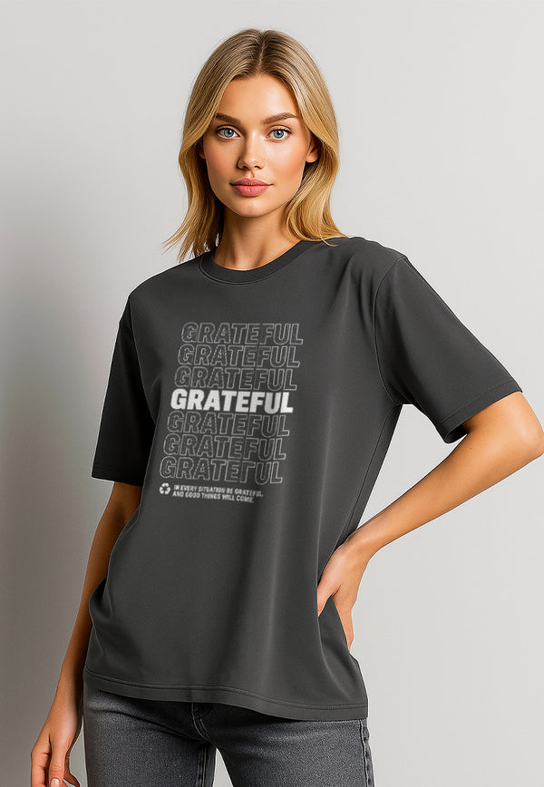 LTH13 kaos oversize wanita dark grey efek washing "grateful"