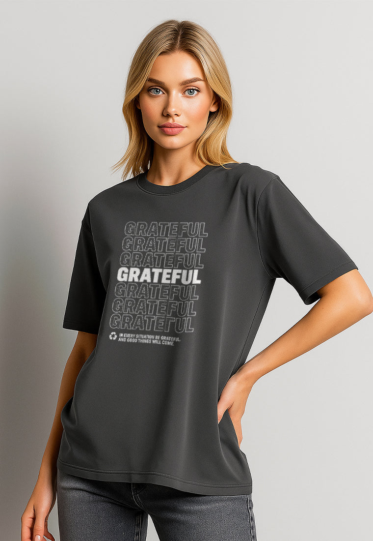 LTH13 kaos oversize wanita dark grey efek washing "grateful"