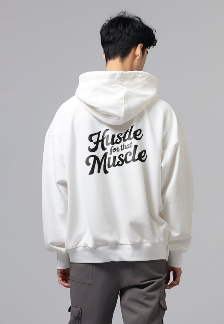 MOB18 Hoodie Pria Premium ScubaLux Adem "hustle muscle" putih