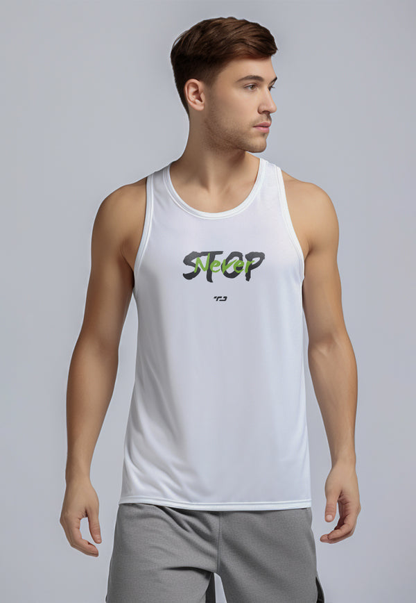 MSA79 kaos lari pria kutung tank top nanoamid stretch "never stop" putih