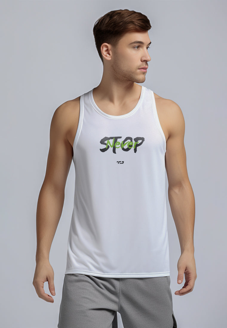 MSA79 kaos lari pria kutung tank top nanoamid stretch "never stop" putih