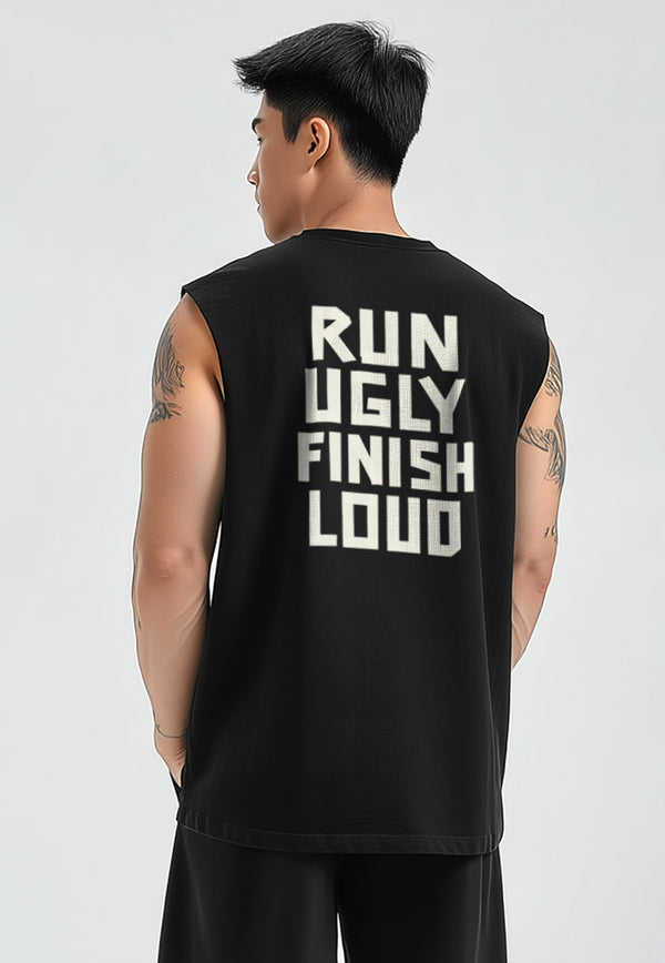 MSA94 Kaos Lari Kalcer Sleeveless Cloud Cotton 24s "duct tape run ugly finish loud" hitam