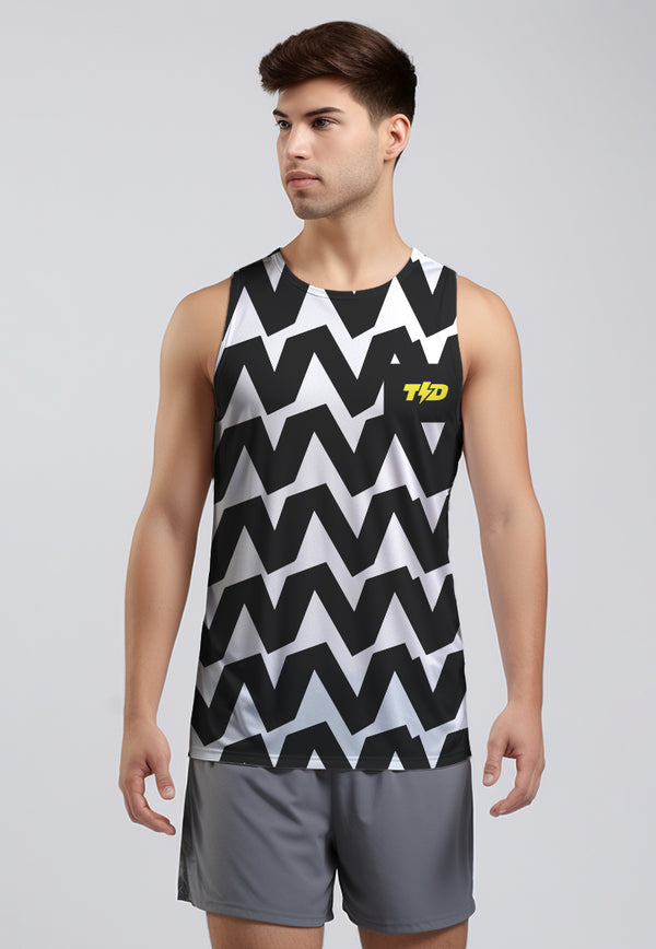 MSA98 Kaos Lari Pria Tanpa Lengan Running Motif "big zigzag: hitam putih TdBolt SuperAirDryLite