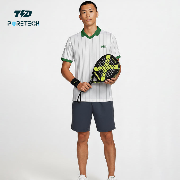 MSB11 Jersey Padel Pria Polo PoreTech "green ver stripes" putih hijau