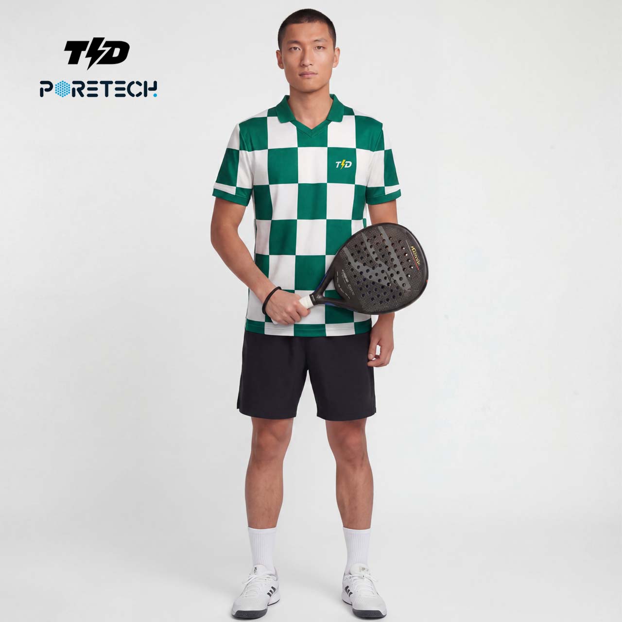 TDACTIVE Jersey Padel Pria Kaos Polo Olahraga Pria PoreTech Adem Seperti Katun Cepat Kering Padel Tenis Badminton - Checkerboard Hijau MSB80