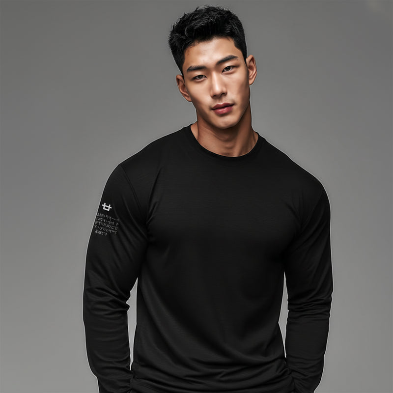 MTI76 Kaos Tangan Panjang Pria Double Sleeve Long Sleeve Logo With Katakana Paragraph Black