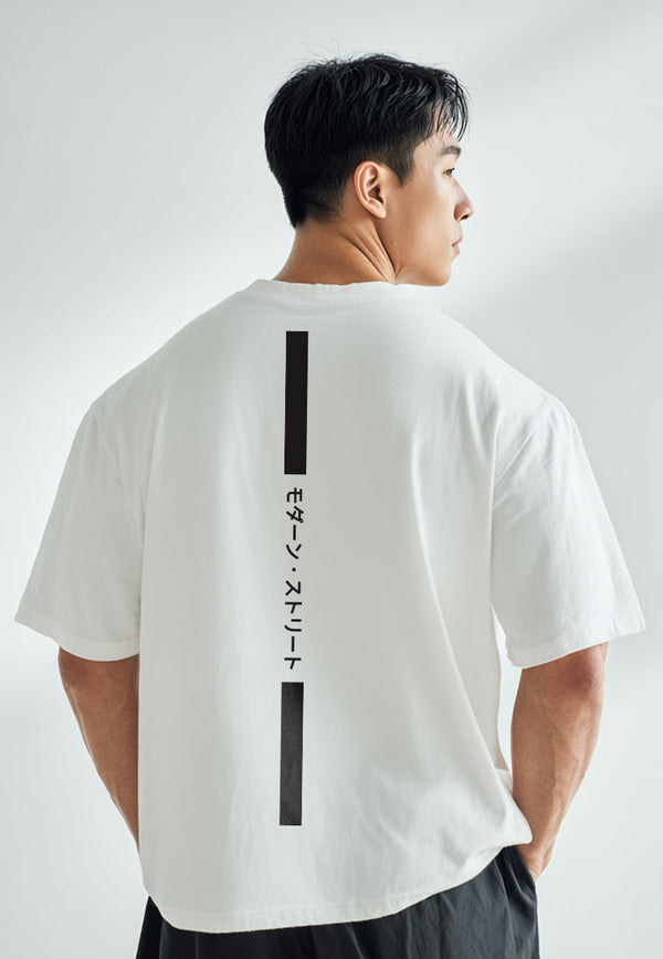 MTN86 kaos distro cowok putih oversize scuba leher crew osaka katakana back vertikal putih