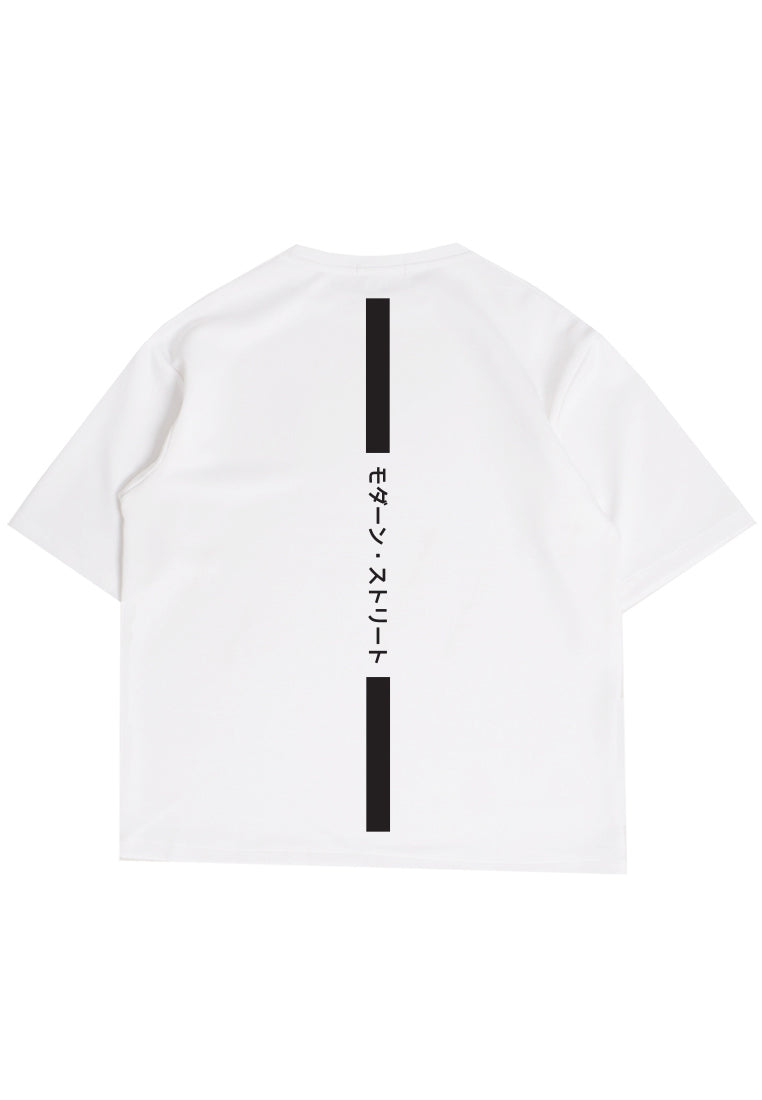 MTN86 kaos distro cowok putih oversize scuba leher crew osaka katakana back vertikal putih
