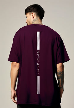 MTN87 kaos distro cowok oversize scuba leher crew osaka katakana back vertikal burgundy