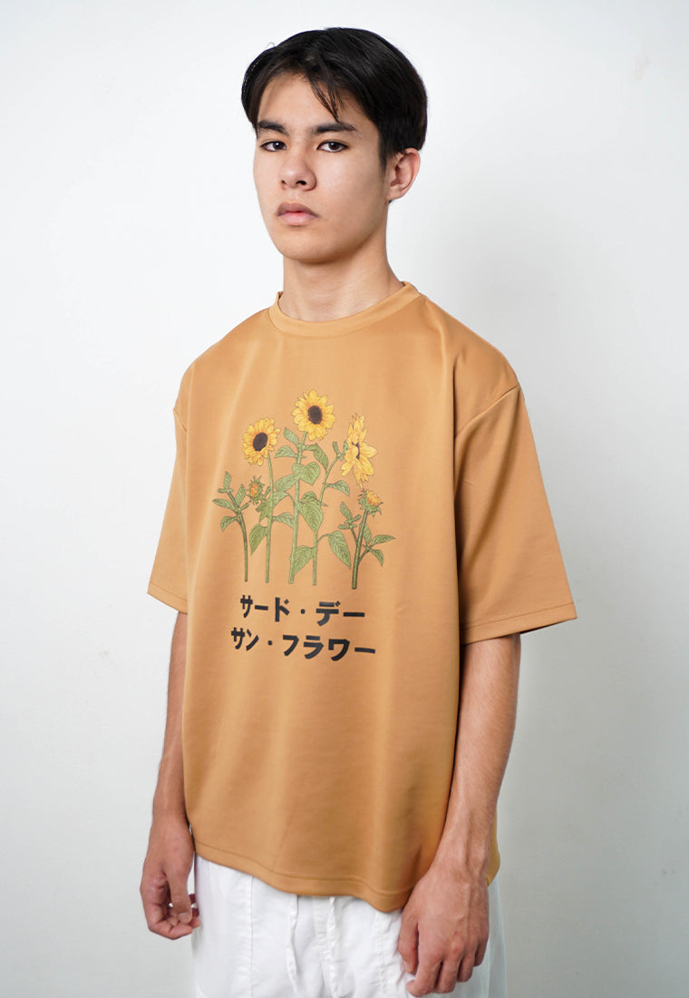 MTO44 kaos oversize gambar bunga matahari sun flower bahan tebal scuba distro pria khaki