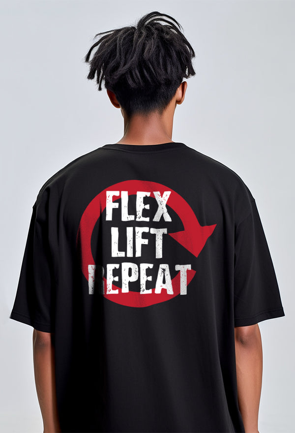 MTO90 kaos oversize gym bodybuilding bahan scuba tebal pria "flex lift repeat" distro cowok hitam