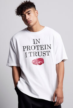 MTO94 kaos oversize gym t shirt bodybuilder bahan tebal scuba pria "in protein i trust" putih