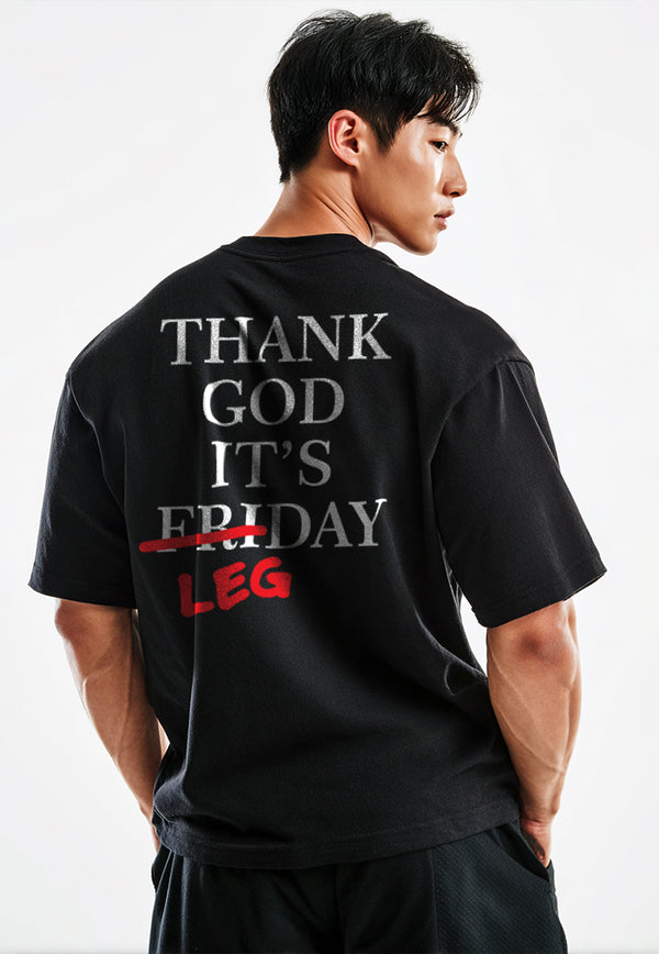 MTP17 kaos oversize gym gambar punggung belakang gymbro binaraga Thank God It's Leg Day hitam