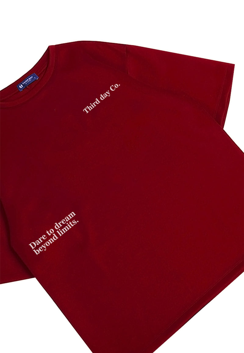 MTQ58 kaos oversize bahan tebal scuba pria distro aesthetic tulisan simpel "dare to dream" merah maroon