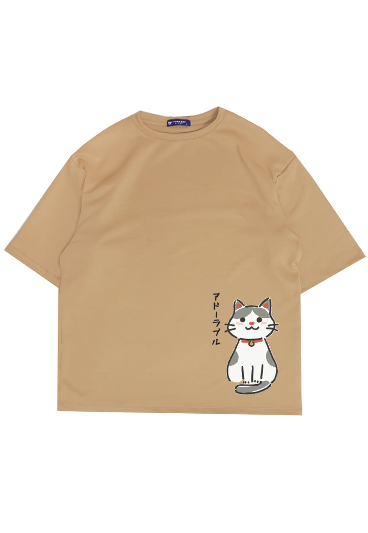 MTQ93 kaos oversize scuba bahan tebal versi couple "japan cat" khaki