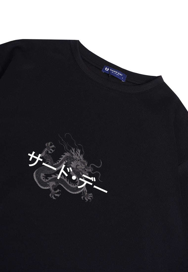 MTR46 kaos oversize scuba tebal pria "katakana dragon outline" hitam