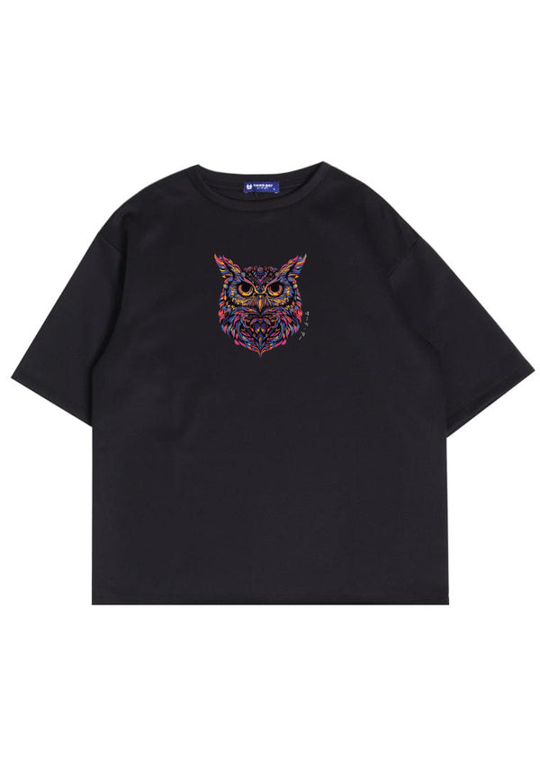 MTR77 Kaos Oversize Gambar Burung Hantu Owl Bahan Tebal Scuba "owl katakana" Hitam