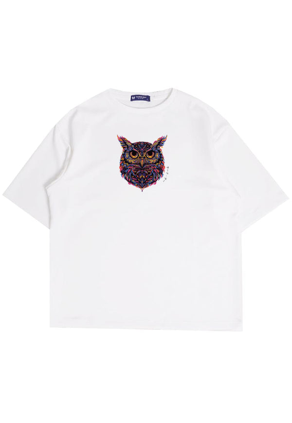 MTR79 Kaos Oversize Gambar Burung Hantu Owl Bahan Tebal Scuba "owl katakana" Putih