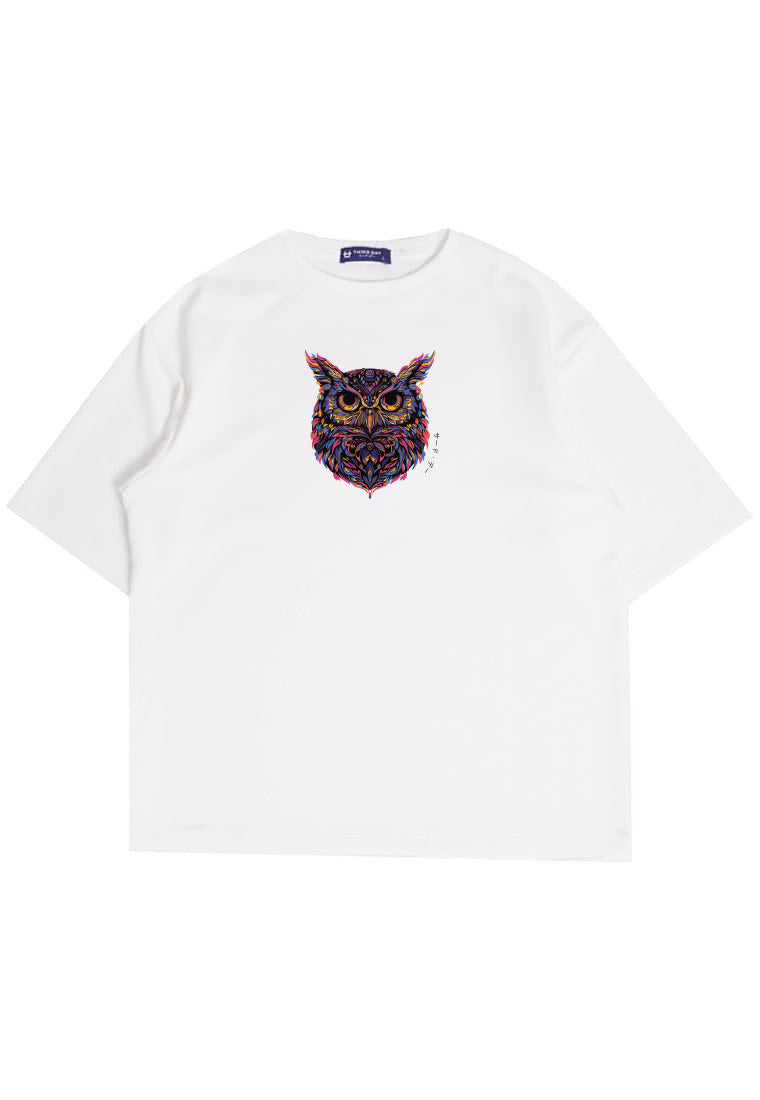 MTR79 Kaos Oversize Gambar Burung Hantu Owl Bahan Tebal Scuba "owl katakana" Putih