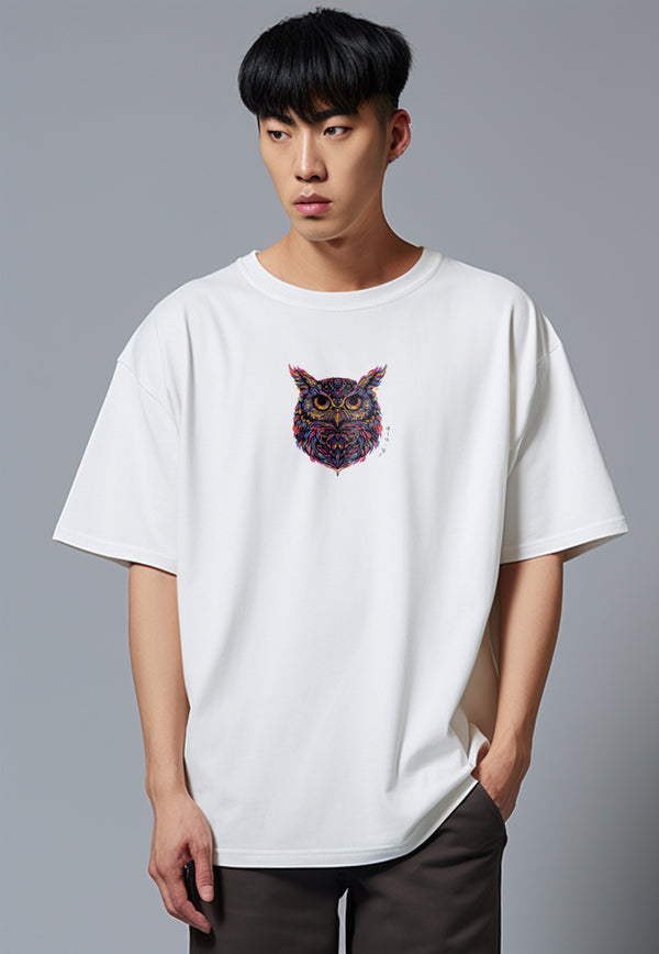 MTR79 Kaos Oversize Gambar Burung Hantu Owl Bahan Tebal Scuba "owl katakana" Putih