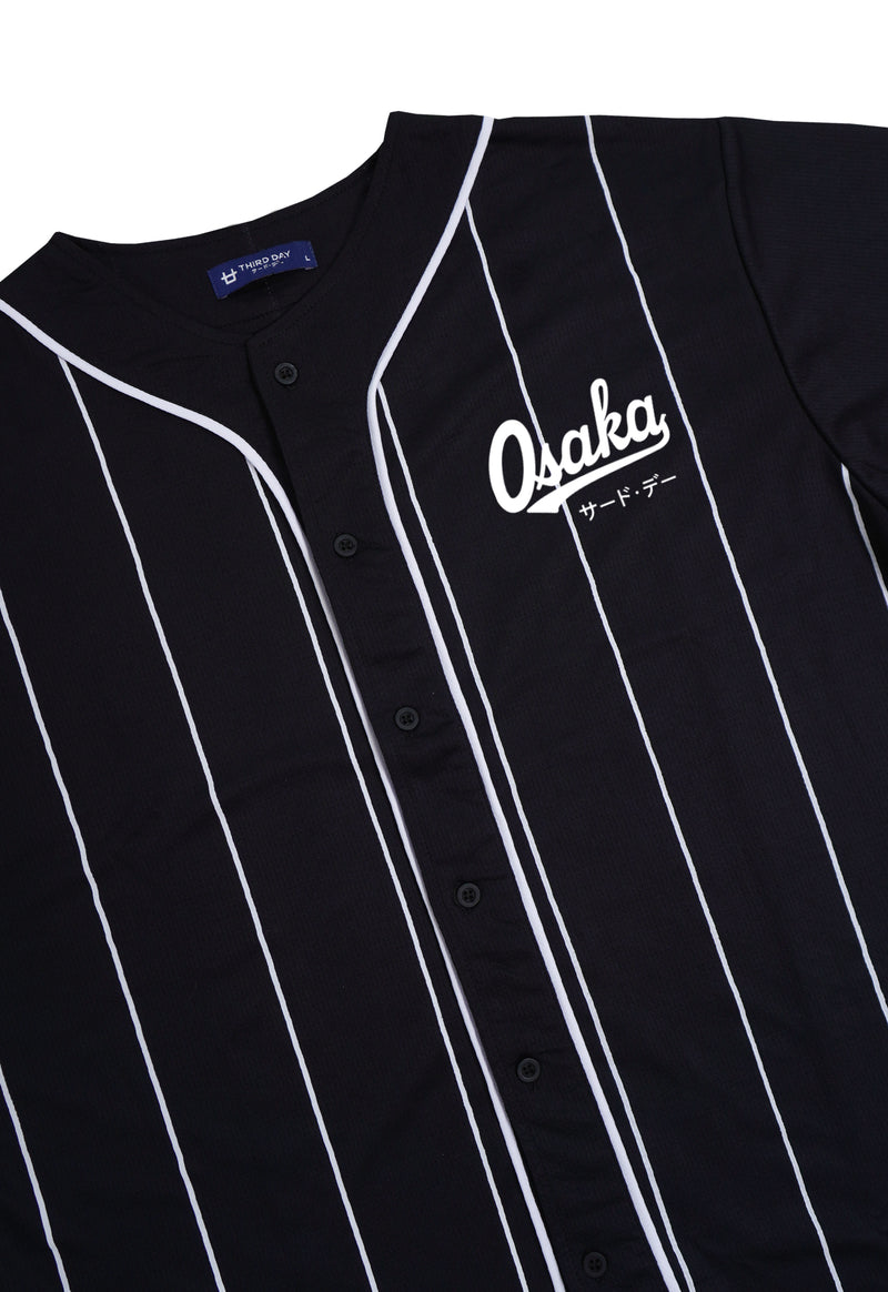 MTS91 Kemeja Baseball Oversize Jersey Garis Putih "Osaka" Hitam