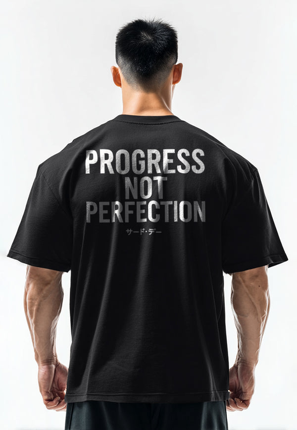 MTT23 Kaos Oversize Gym Bahan Scuba Tebal Scubalux "progress not perfection" hitam