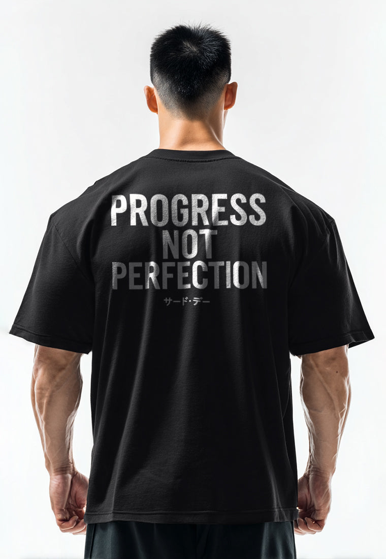 MTT23 Kaos Oversize Gym Bahan Scuba Tebal Scubalux "progress not perfection" hitam