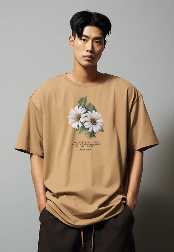 MTT61 Kaos gambar bunga oversize scuba "two daisies" khaki