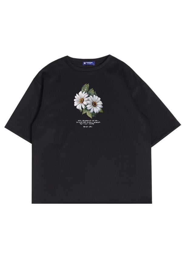 MTT63 Kaos gambar bunga oversize scuba "two daisies" hitam